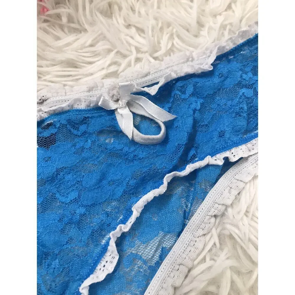 VINTAGE RARE FREDERICK'S OF HOLLYWOOD X-LARGE BLUE FLORAL LACE THONG PANTIES